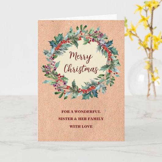 Rustic Wreath Sister & Family Vrolijk Kerstfeest Kaart (Gele Bloem)