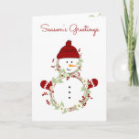 Rustic Wreath Snowman met rood Pet en Mittens Feestdagen Kaart<br><div class="desc">Een smakelijke rustige sneeuwman met een schattig rood pet en chevron mittens viert het kerstseizoen met een glimlach voor iedereen.


Creatie omvat afbeeldingen van Huckleberry Hearts,  LLC (https://www.etsy.com/shop/HuckleberryHearts).</div>