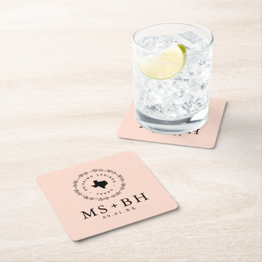 Rustic Wreath Texas Wedding Monogram | Blush Kartonnen Onderzetters (Insitu)