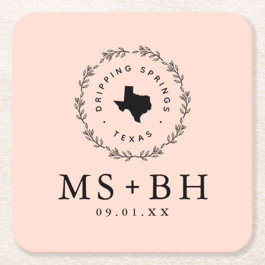 Rustic Wreath Texas Wedding Monogram | Blush Kartonnen Onderzetters (Voorkant)