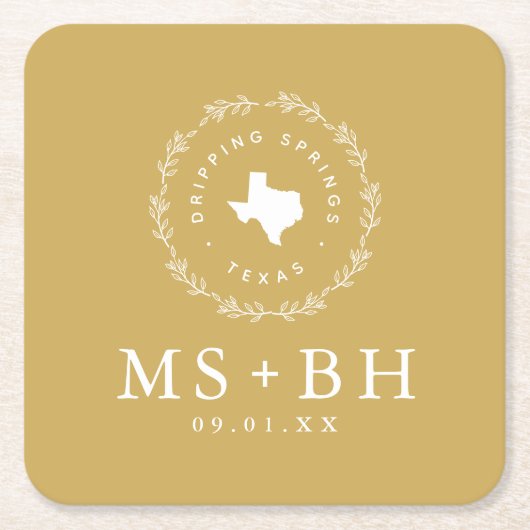 Rustic Wreath Texas Wedding Monogram | Mosterd Kartonnen Onderzetters (Voorkant)