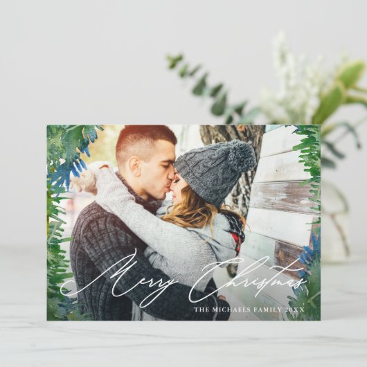 Rustic Wreath Twee Foto Vrolijk Kerstscript Feestdagenkaart (Staand voorkant)