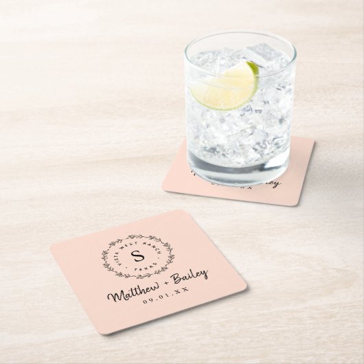 Rustic Wreath Wedding Monogram | Blush Kartonnen Onderzetters (Insitu)