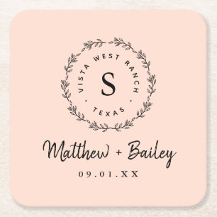 Rustic Wreath Wedding Monogram   Blush Kartonnen Onderzetters