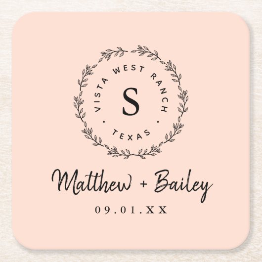 Rustic Wreath Wedding Monogram | Blush Kartonnen Onderzetters (Voorkant)