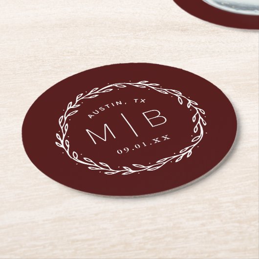 Rustic Wreath Wedding Monogram | Bourgogne Ronde Kartonnen Onderzetter (Gebogen)