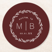 Rustic Wreath Wedding Monogram | Bourgogne Ronde Kartonnen Onderzetter (Voorkant)