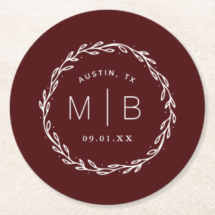 Rustic Wreath Wedding Monogram Bourgogne Ronde Kartonnen Onderzetter
