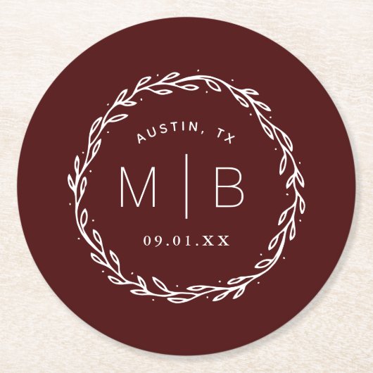 Rustic Wreath Wedding Monogram | Bourgogne Ronde Kartonnen Onderzetter (Voorkant)