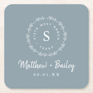 Rustic Wreath Wedding Monogram Dusty Blue Kartonnen Onderzetters
