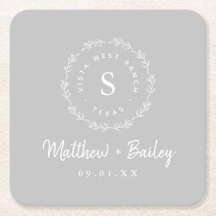 Rustic Wreath Wedding Monogram   Grijs Kartonnen Onderzetters