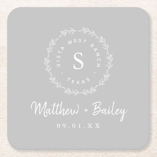 Rustic Wreath Wedding Monogram | Grijs Kartonnen Onderzetters (Voorkant)