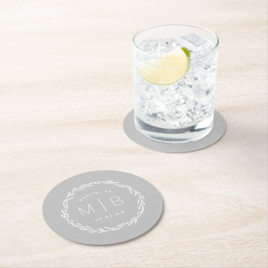 Rustic Wreath Wedding Monogram | Grijs Ronde Kartonnen Onderzetter (Insitu)