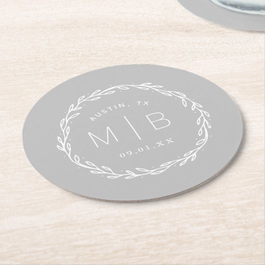 Rustic Wreath Wedding Monogram | Grijs Ronde Kartonnen Onderzetter (Gebogen)