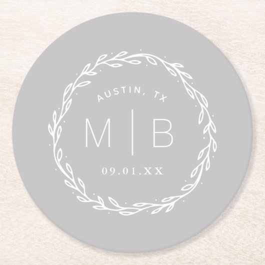 Rustic Wreath Wedding Monogram | Grijs Ronde Kartonnen Onderzetter (Voorkant)