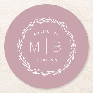 Rustic Wreath Wedding Monogram   Mauve Ronde Kartonnen Onderzetter
