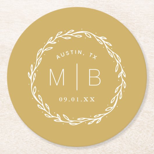 Rustic Wreath Wedding Monogram | Mustard Yellow Ronde Kartonnen Onderzetter (Voorkant)