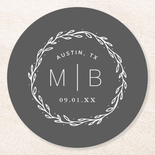 Rustic Wreath Wedding Monogram Ronde Kartonnen Onderzetter (Voorkant)