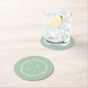 Rustic Wreath Wedding Monogram   Sage Ronde Kartonnen Onderzetter