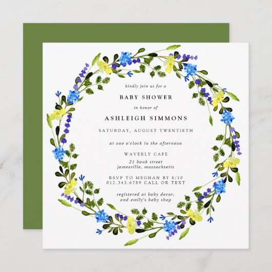Rustic Yellow and Blue Floral Baby shower Invitati Kaart (Voorkant / Achterkant)
