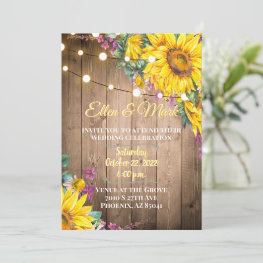 Rustic Yellow and Paars Sunflower Wedding Kaart (Staand voorkant)
