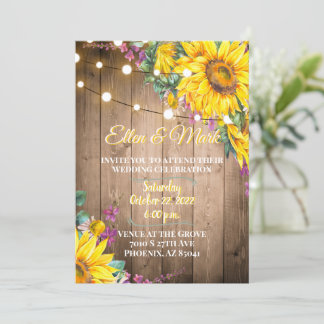 Rustic Yellow and Paars Sunflower Wedding Kaart