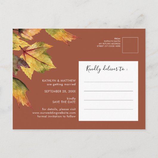 Rustic Yellow Autumn Foliage Wedding Save the Date Aankondigingskaart (Achterkant)