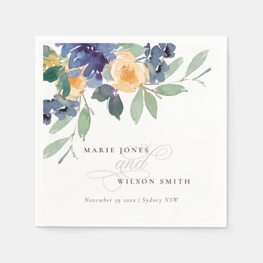Rustic Yellow Blue Waterverf Floral Wedding Servet (Voorkant)
