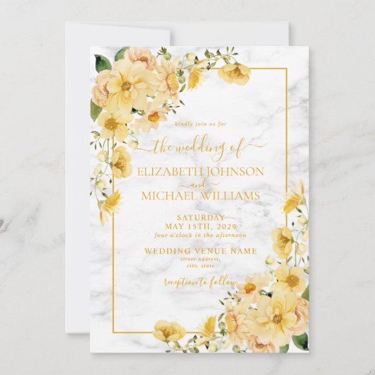 Rustic Yellow Floral Marble Script Photo Weddensch Kaart (Voorkant)