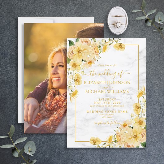 Rustic Yellow Floral Marble Script Photo Weddensch Kaart