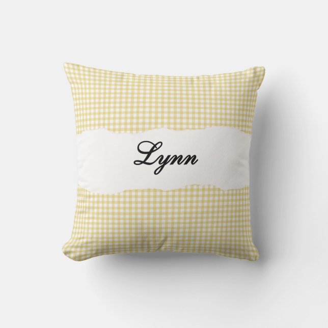 Rustic Yellow Gingham Personalized Name Kussen (Voorkant)