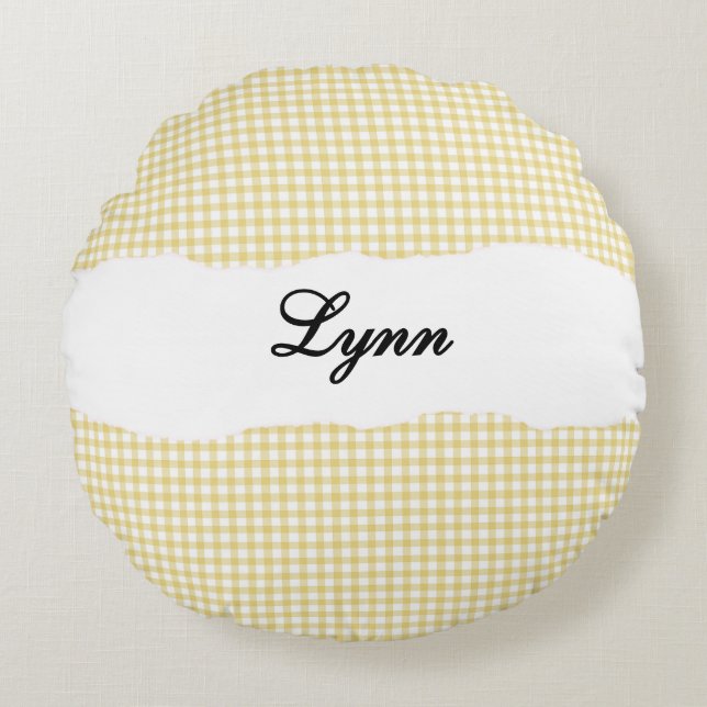 Rustic Yellow Gingham Personalized Name Rond Kussen (Voorkant)