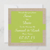 Rustic Yellow Green en Beige Burlap bewaren de dat Save The Date (Achterkant)