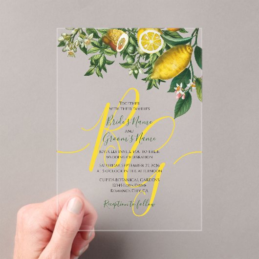 Rustic Yellow Lemon & Foliage Greenery Wedding Acryl Uitnodigingen (Insitu (Draagbaar))