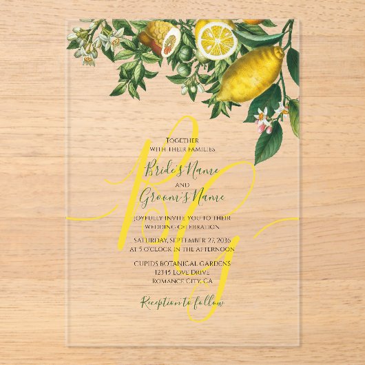 Rustic Yellow Lemon & Foliage Greenery Wedding Acryl Uitnodigingen (Voorkant)