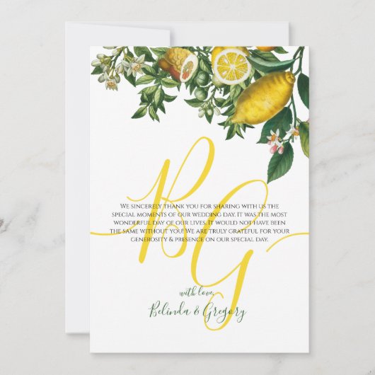 Rustic Yellow Lemon & Foliage Greenery Wedding Bedankkaart (Voorkant)