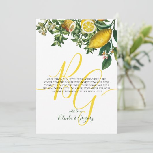 Rustic Yellow Lemon & Foliage Greenery Wedding Bedankkaart (Staand voorkant)