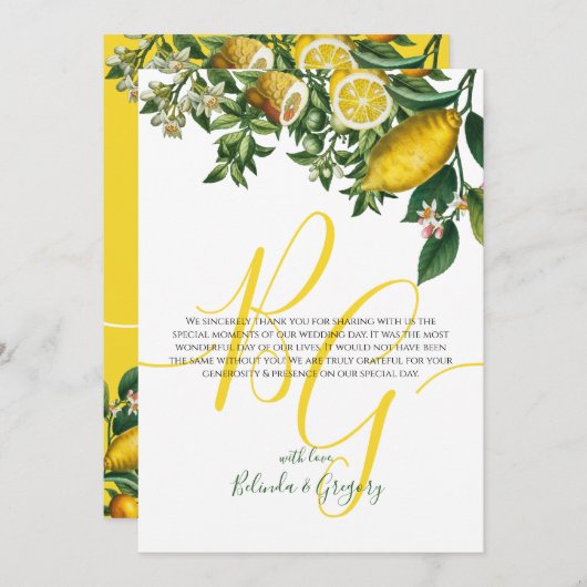Rustic Yellow Lemon & Foliage Greenery Wedding Bedankkaart (Voorkant / Achterkant)