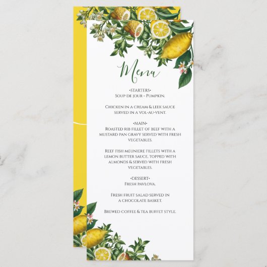 Rustic Yellow Lemon & Foliage Greenery Wedding Menu (Voorkant / Achterkant)