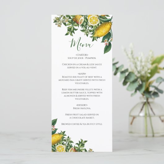 Rustic Yellow Lemon & Foliage Greenery Wedding Menu (Staand voorkant)