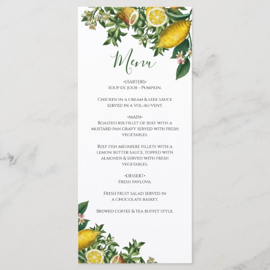 Rustic Yellow Lemon & Foliage Greenery Wedding Menu (Voorkant)