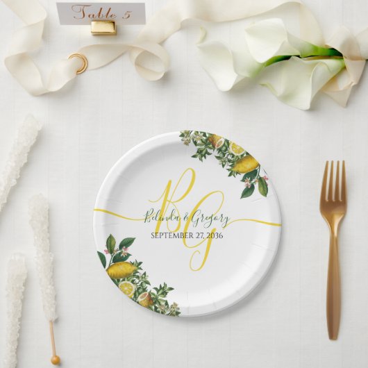 Rustic Yellow Lemon & Foliage Greenery Wedding Papieren Bordje (Huwelijk)