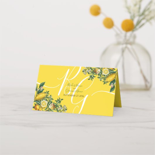 Rustic Yellow Lemon & Foliage Greenery Wedding Plaatskaartje (Achterkant)