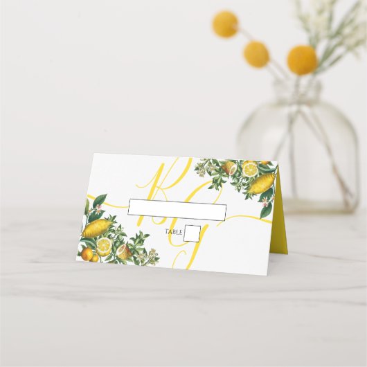 Rustic Yellow Lemon & Foliage Greenery Wedding Plaatskaartje (Voorkant)