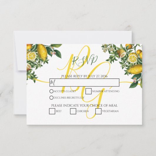 Rustic Yellow Lemon & Foliage Greenery Wedding RSVP Kaartje (Voorkant)