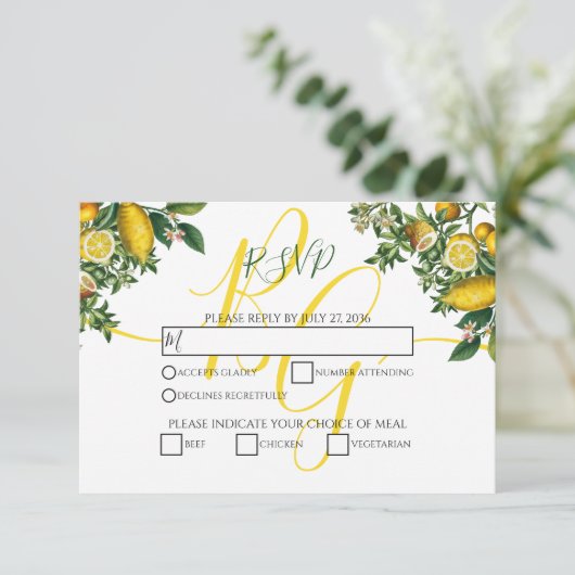 Rustic Yellow Lemon & Foliage Greenery Wedding RSVP Kaartje (Staand voorkant)