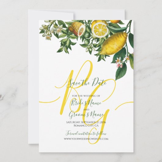 Rustic Yellow Lemon & Foliage Greenery Wedding Save The Date (Voorkant)