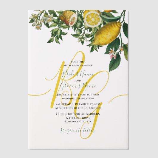Rustic Yellow Lemon & Foliage Greenery Wedding Vellum Uitnodigingen (Voorkant)