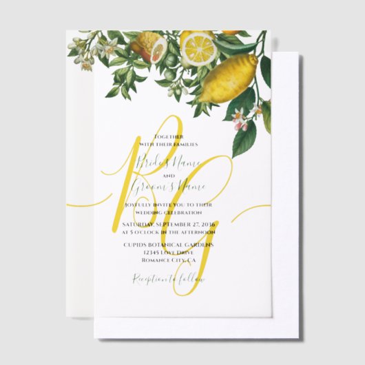 Rustic Yellow Lemon & Foliage Greenery Wedding Vellum Uitnodigingen (Offset)