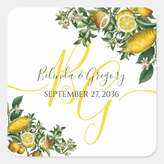 Rustic Yellow Lemon & Foliage Greenery Wedding Vierkante Sticker (Voorkant)